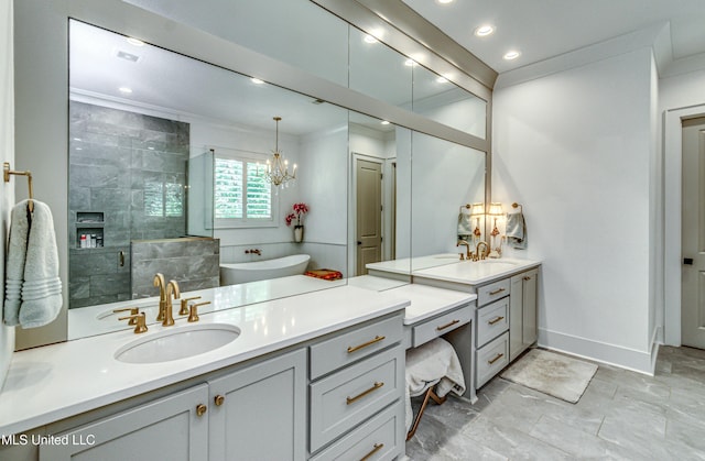 102 Silverleaf Dr, Madison, MS 39110 - full bath featuring a chandelier, a tile shower, vanity, recessed lighting, and baseboards