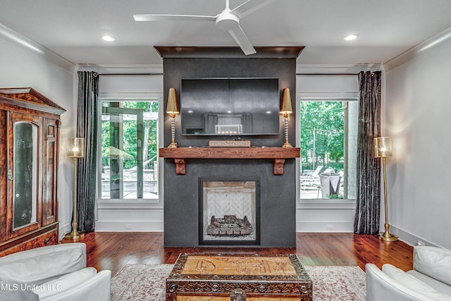 102 Silverleaf Dr, Madison, MS 39110 - living room featuring a fireplace, ceiling fan, plenty of natural light, wood finished floors, and recessed lighting