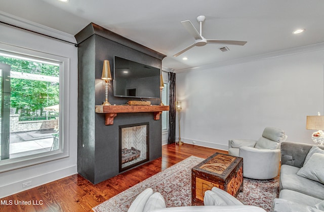 102 Silverleaf Dr, Madison, MS 39110 - living room with crown molding, a large fireplace, ceiling fan, wood finished floors, and recessed lighting