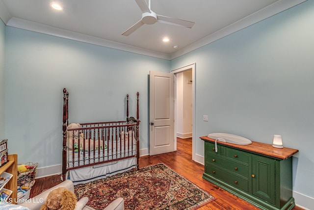 102 Silverleaf Dr, Madison, MS 39110 - bedroom featuring ornamental molding, wood finished floors, baseboards, recessed lighting, and ceiling fan