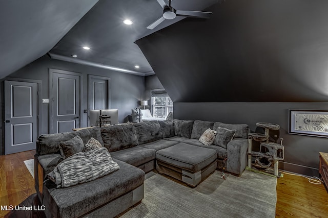 102 Silverleaf Dr, Madison, MS 39110 - cinema with lofted ceiling, ceiling fan, wood finished floors, baseboards, and recessed lighting