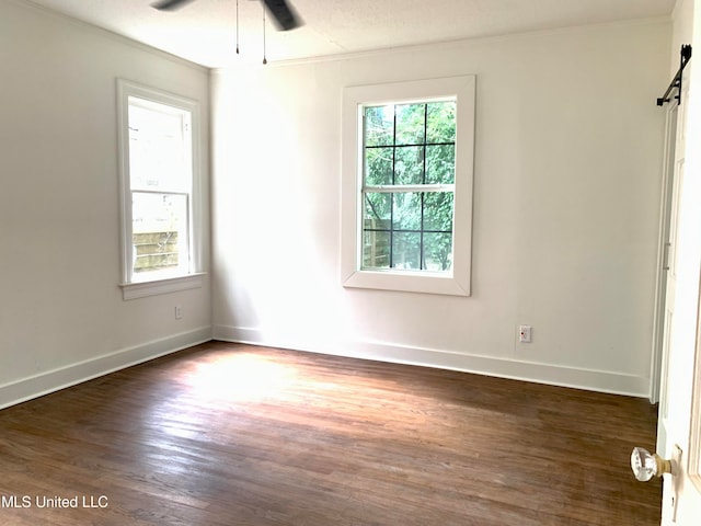 empty room featuring a barn door, ceiling fan, a textured ceiling, and dark hardwood / wood-style flooring