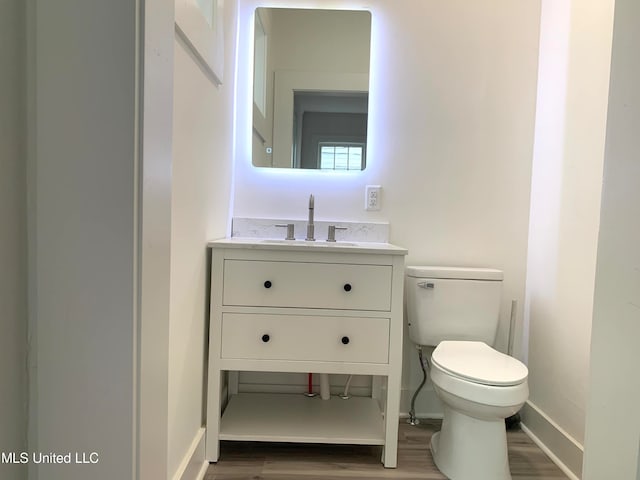 bathroom featuring vanity, toilet, and hardwood / wood-style floors