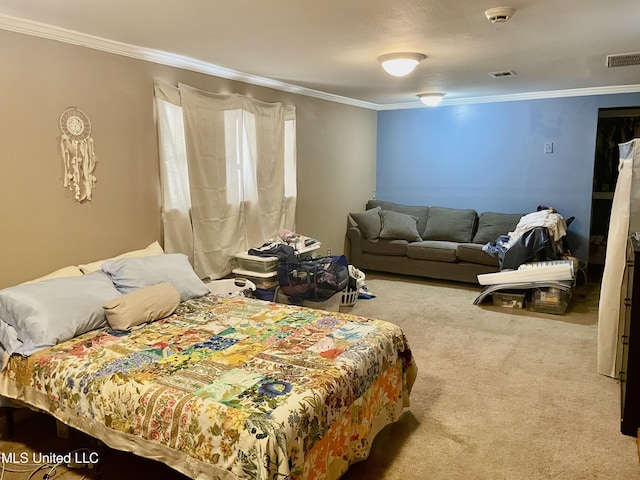 carpeted bedroom featuring ornamental molding