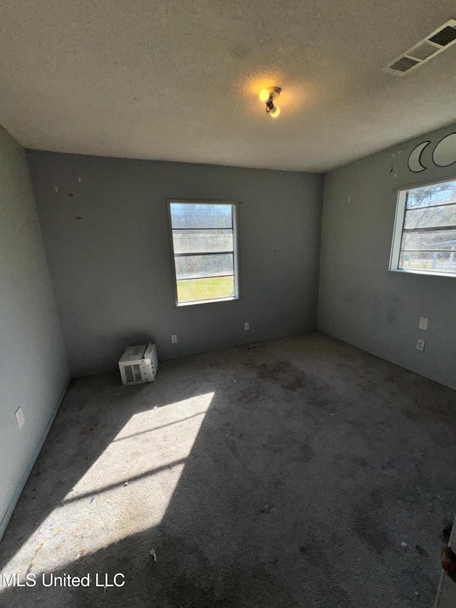 unfurnished room with a textured ceiling, visible vents, a wealth of natural light, and carpet flooring