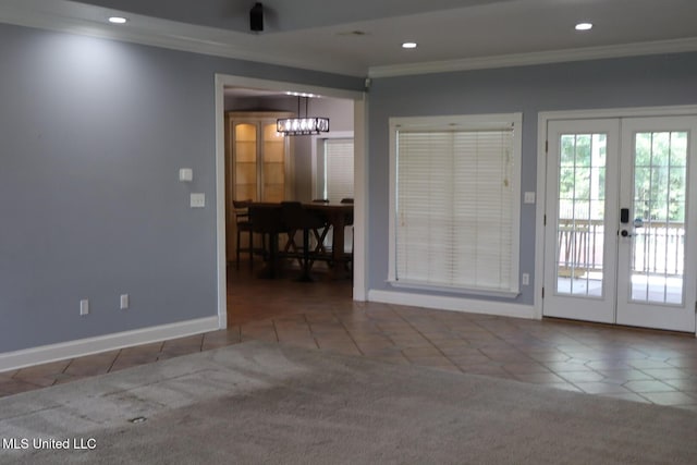 2212 Sampras Blvd, Vancleave, MS 39565 - tiled empty room featuring crown molding, french doors, a chandelier, and recessed lighting