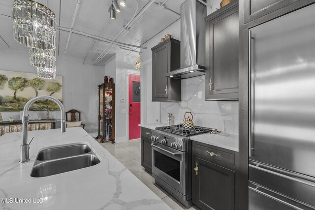 kitchen with premium appliances, sink, wall chimney exhaust hood, pendant lighting, and decorative backsplash