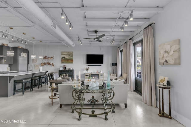 living room featuring ceiling fan