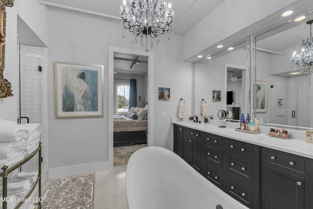 bathroom featuring vanity, concrete floors, a notable chandelier, and a shower with shower door