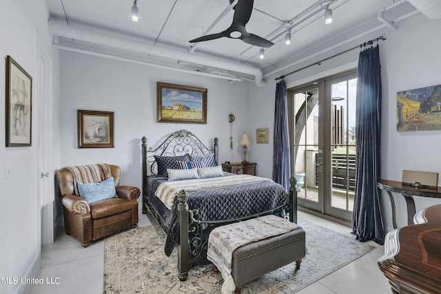 bedroom with french doors, access to outside, and ceiling fan