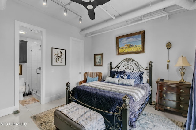 bedroom featuring ensuite bath and ceiling fan