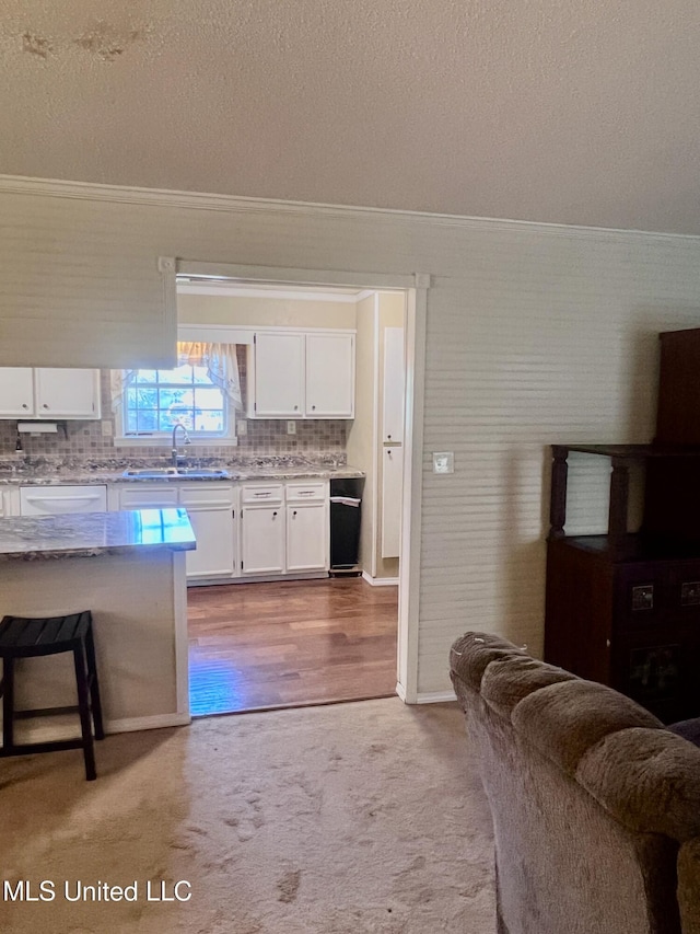 116 E Tate St, Senatobia, MS 38668 - kitchen featuring white cabinetry, a sink, light stone counters, and a textured ceiling