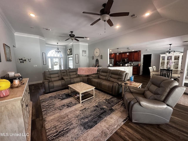 17931 Rayford Shumock Rd, Moss Point, MS 39562 - living room featuring dark wood finished floors, a ceiling fan, a chandelier, crown molding, and recessed lighting
