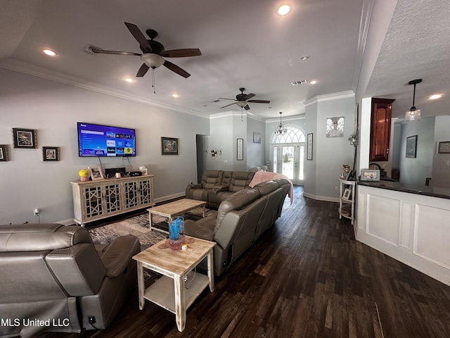 17931 Rayford Shumock Rd, Moss Point, MS 39562 - living area featuring ceiling fan, dark wood finished floors, recessed lighting, and ornamental molding
