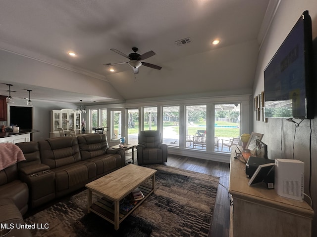 17931 Rayford Shumock Rd, Moss Point, MS 39562 - living area with vaulted ceiling, ceiling fan, wood finished floors, ornamental molding, and recessed lighting