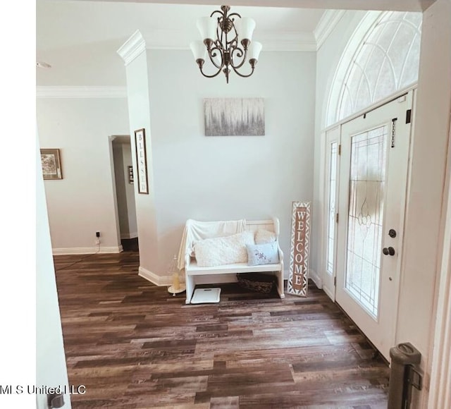 17931 Rayford Shumock Rd, Moss Point, MS 39562 - foyer with ornamental molding, dark wood-type flooring, and a chandelier
