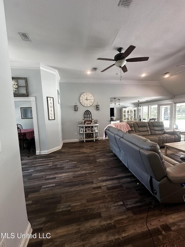 17931 Rayford Shumock Rd, Moss Point, MS 39562 - living area with ceiling fan, dark wood-style flooring, crown molding, and recessed lighting
