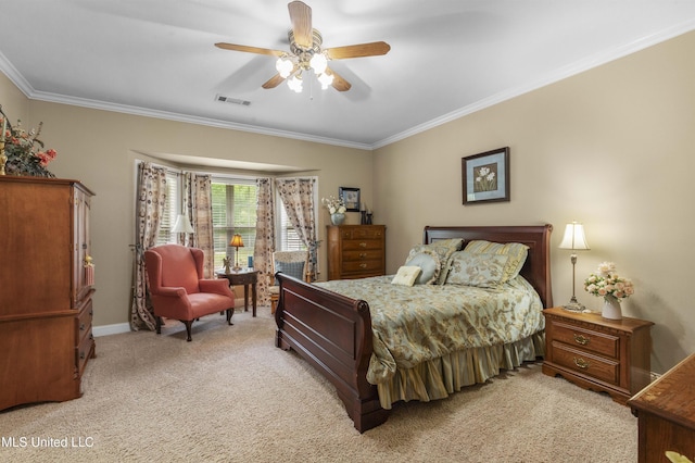 bedroom featuring light carpet, crown molding, baseboards, and a ceiling fan