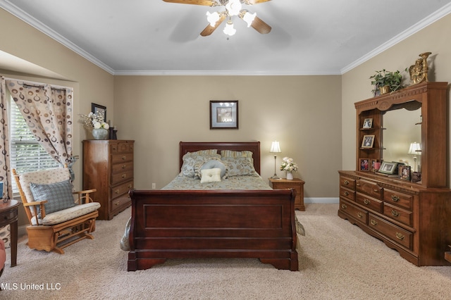 bedroom with ornamental molding, light colored carpet, baseboards, and a ceiling fan