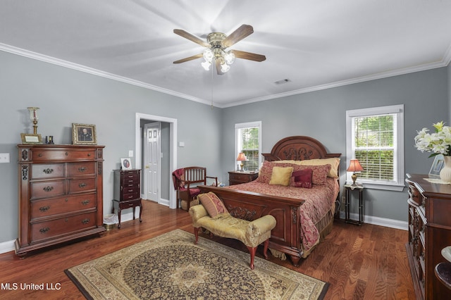 bedroom with dark wood-type flooring, ornamental molding, baseboards, and a ceiling fan