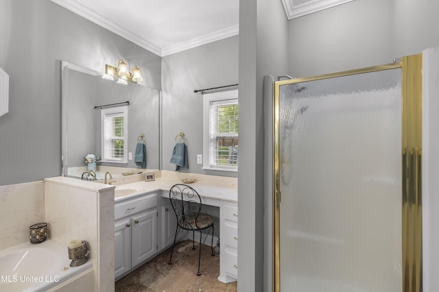 full bathroom featuring ornamental molding, a stall shower, vanity, and a garden tub