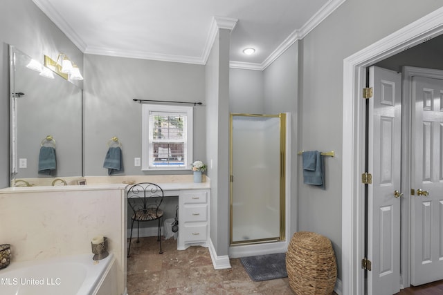 bathroom with a stall shower, ornamental molding, and a garden tub