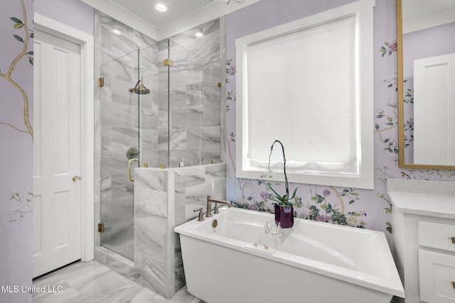 323 Penrose Pl, Madison, MS 39110 - full bathroom with a freestanding tub, a stall shower, vanity, and marble finish floors
