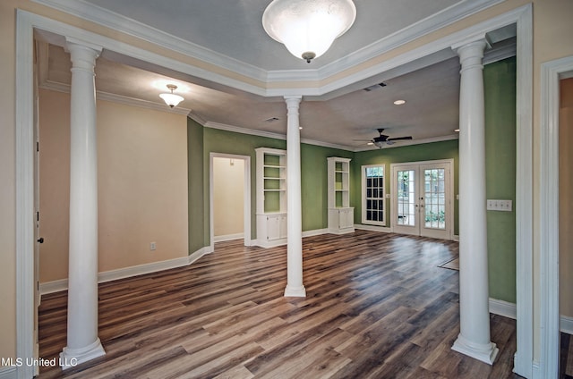 interior space with french doors, hardwood / wood-style floors, ceiling fan, and crown molding