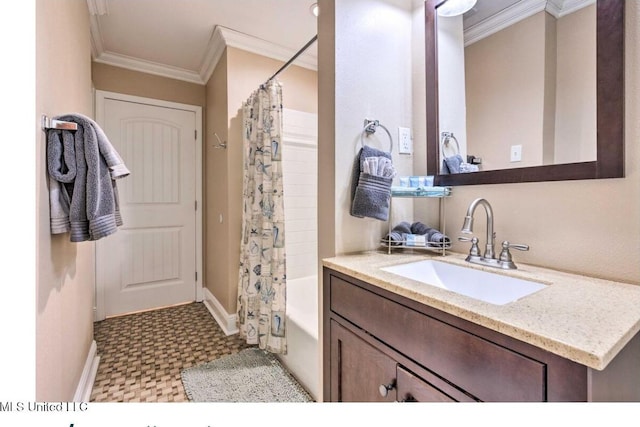 506 Loposser Ave, Gulfport, MS 39507 - full bathroom with tile patterned floors, ornamental molding, vanity, shower / tub combo with curtain, and baseboards
