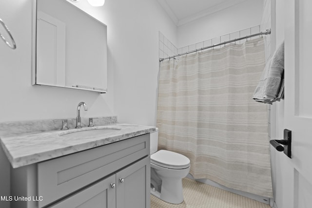full bathroom with ornamental molding, toilet, vanity, tile patterned flooring, and a shower with shower curtain