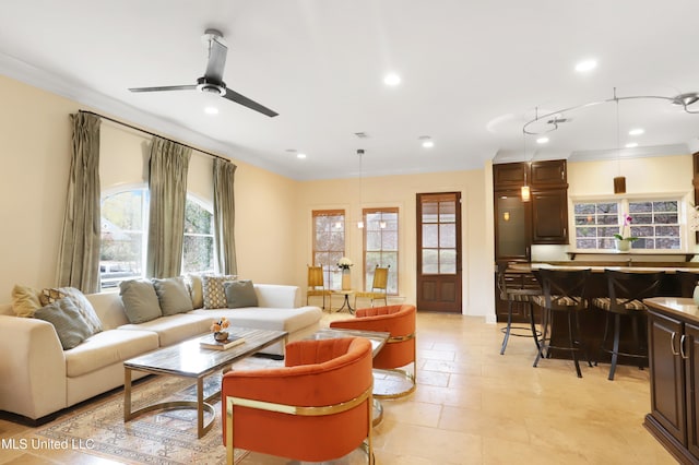 living room with ceiling fan