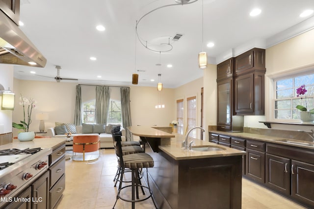 kitchen with pendant lighting, sink, and a healthy amount of sunlight