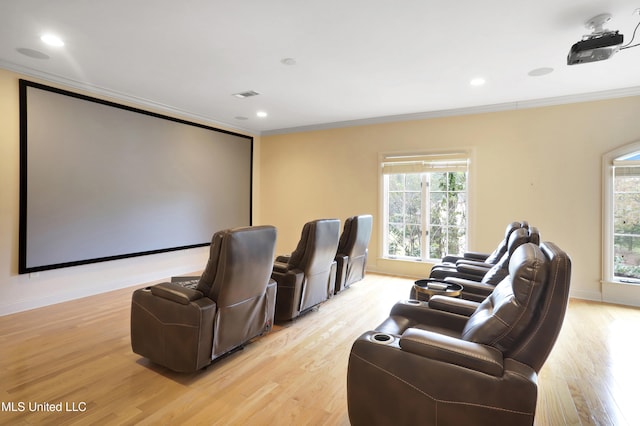 home theater with a healthy amount of sunlight, light wood-type flooring, and crown molding