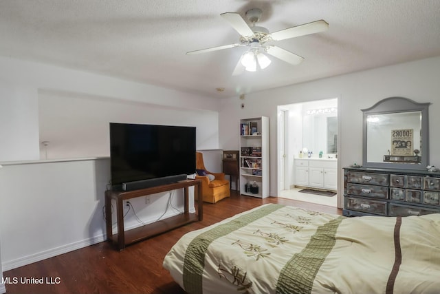 bedroom with baseboards, a textured ceiling, a ceiling fan, and wood finished floors