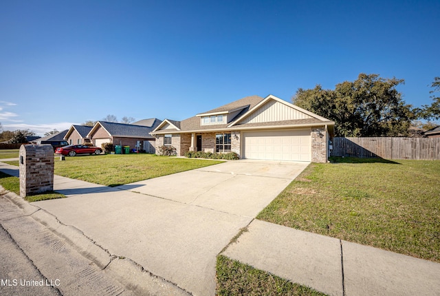 view of front of property featuring brick siding, a front lawn, fence, a garage, and driveway