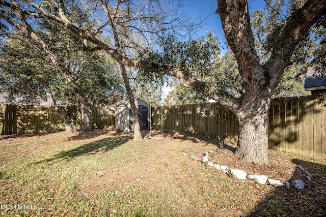 view of yard with an outdoor structure, a fenced backyard, and a shed