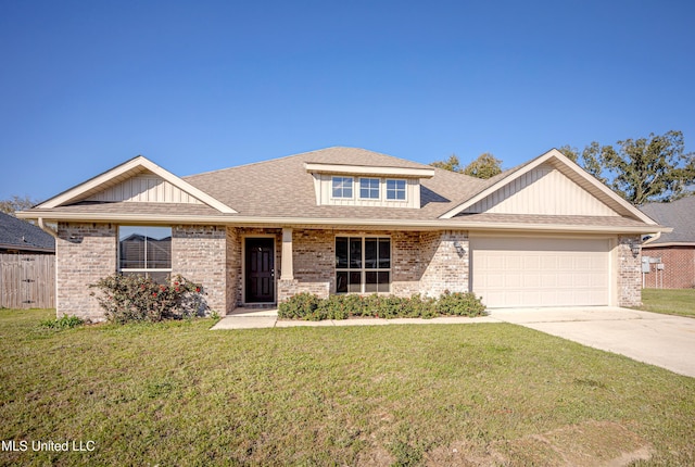 view of front facade with brick siding, concrete driveway, and a front lawn