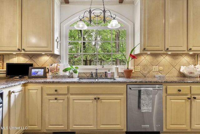 kitchen with tasteful backsplash, sink, dark stone counters, and dishwasher