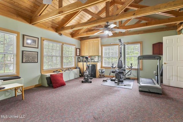 workout area featuring wood ceiling, ceiling fan, lofted ceiling, and carpet flooring