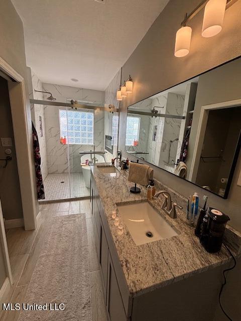 bathroom featuring vanity, wood-type flooring, and an enclosed shower