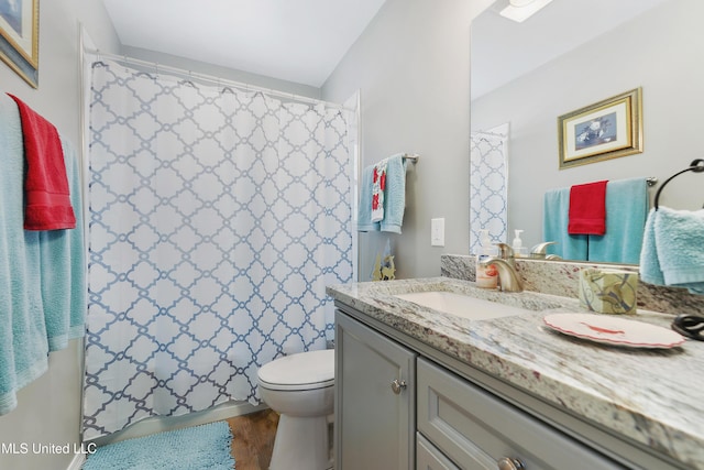 bathroom with walk in shower, vanity, toilet, and wood-type flooring