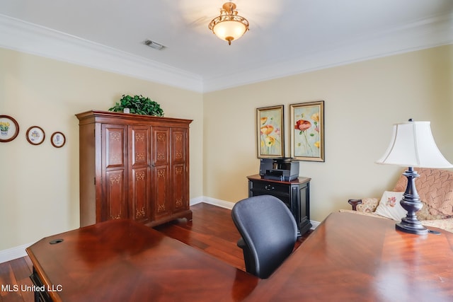 office area with ornamental molding and dark wood-type flooring