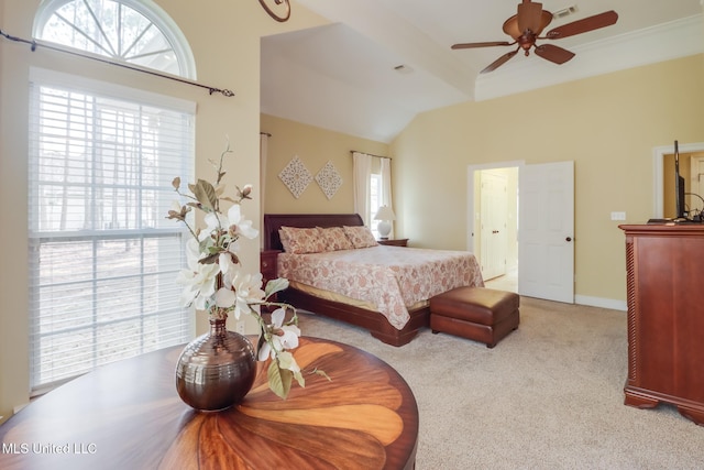 bedroom with light colored carpet and ceiling fan