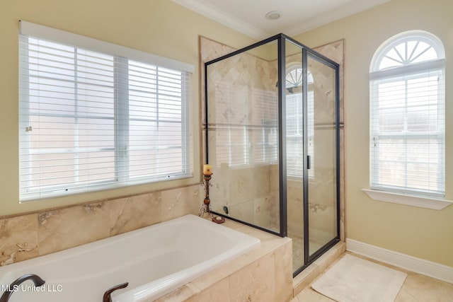 bathroom featuring tile patterned flooring, a wealth of natural light, ornamental molding, and shower with separate bathtub