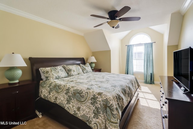 bedroom featuring ceiling fan, light colored carpet, ornamental molding, and vaulted ceiling