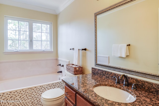 bathroom featuring vanity, crown molding, a relaxing tiled tub, and toilet