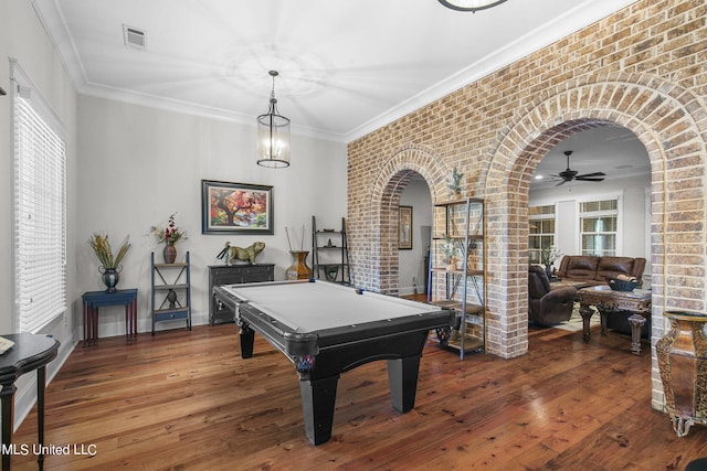213 Ironwood Plantation Blvd, Madison, MS 39110 - rec room featuring wood-type flooring, a ceiling fan, brick wall, billiards, and arched walkways