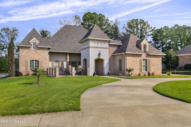 213 Ironwood Plantation Blvd, Madison, MS 39110 - french provincial home with brick siding, curved driveway, a shingled roof, and a front lawn