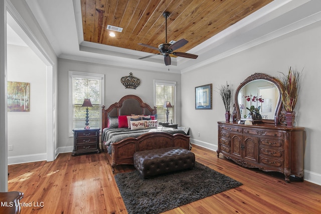 bedroom featuring hardwood / wood-style flooring, wooden ceiling, a raised ceiling, and ceiling fan