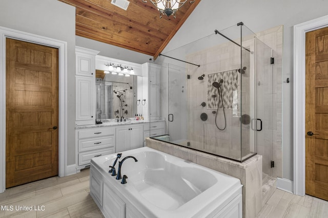 bathroom with shower with separate bathtub, wood ceiling, lofted ceiling, vanity, and hardwood / wood-style flooring